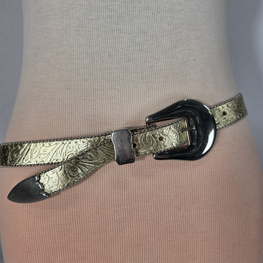 Vintage Elite Fresno California Western Belt Gold Metallic Floral Tooled Large L